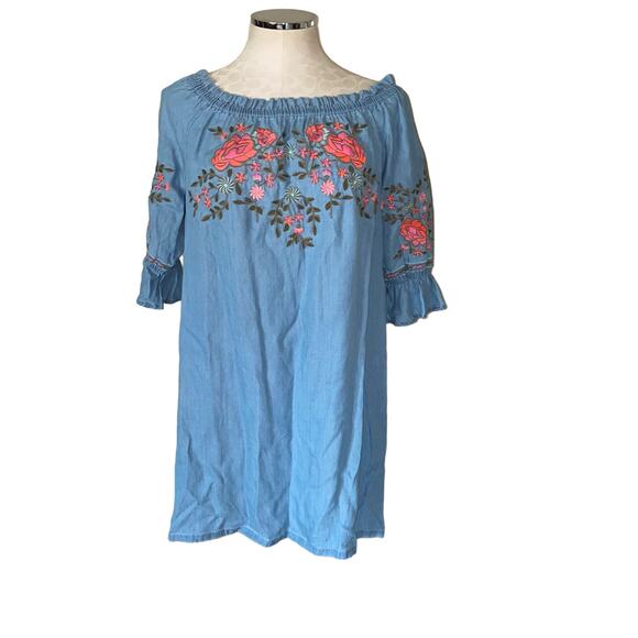 a.n.a Blue Chambray Floral Embroidered Off the Shoulder Mini Dress Size M - Picture 1 of 7